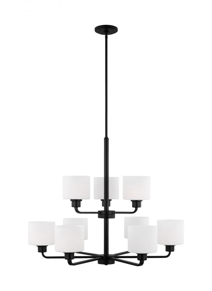 Canfield indoor dimmable LED 9-light chandelier in midnight black finish and etched white glass shad