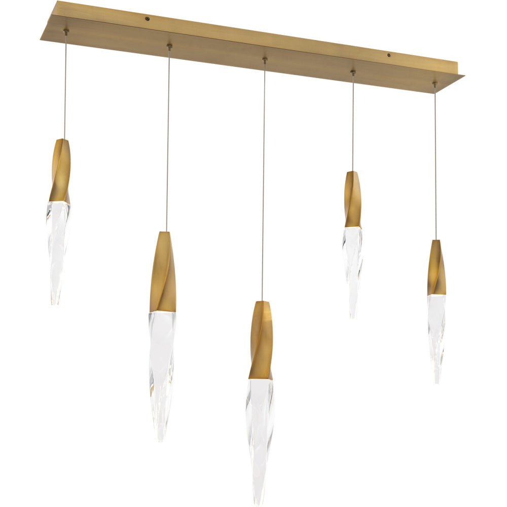 Kindjal 5 Light 120-277V Multi-Light Pendant (Linear Canopy) in Aged Brass with Clear Optic Crystal