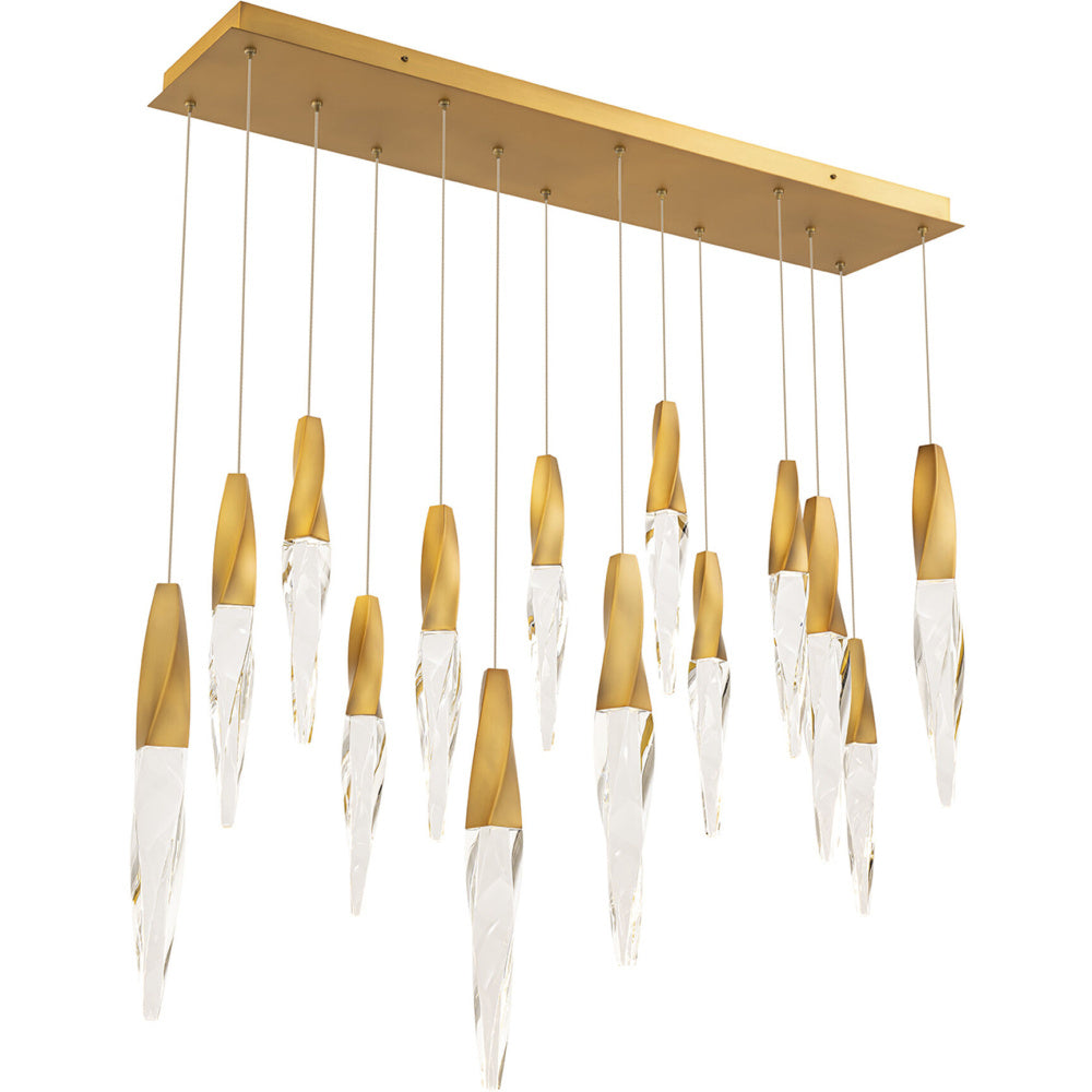 Kindjal 14 Light 120-277V Multi-Light Pendant (Linear Canopy) in Aged Brass with Clear Optic Crystal