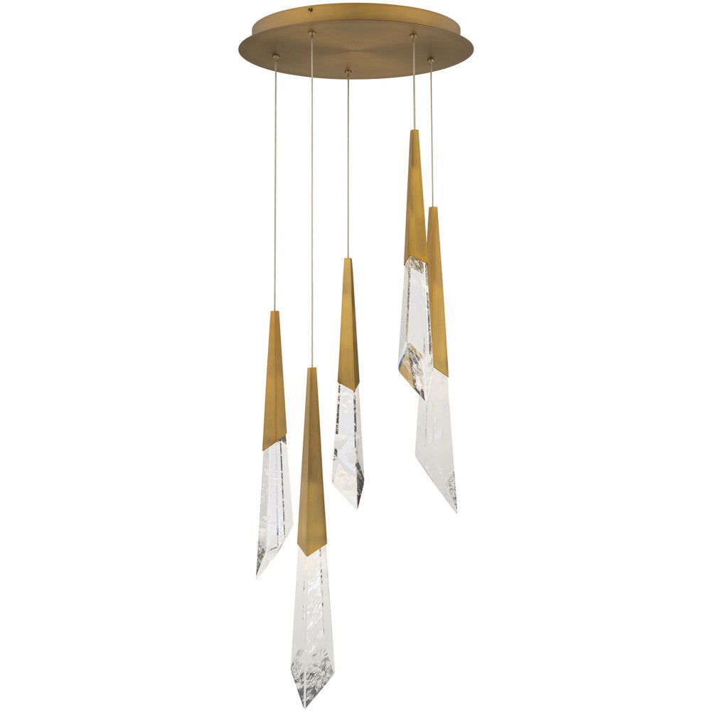 Solitude 5 Light 120-277V Multi-Light Pendant (Round Canopy) in Aged Brass with Optic Haze Quartz