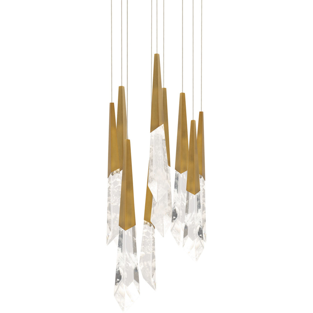 Solitude 9 Light 120-277V Multi-Light Pendant (Round Canopy) in Aged Brass with Optic Haze Quartz