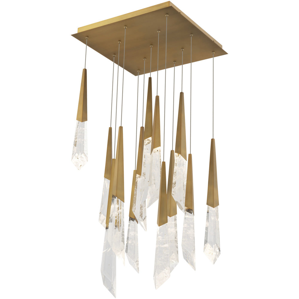 Solitude 13 Light 120-277V Multi-Light Pendant (Square Canopy) in Aged Brass with Optic Haze Quartz