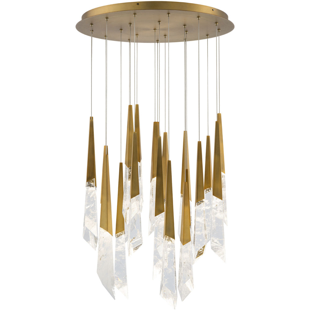 Solitude 21 Light 120-277V Multi-Light Pendant (Round Canopy) in Aged Brass with Optic Haze Quartz
