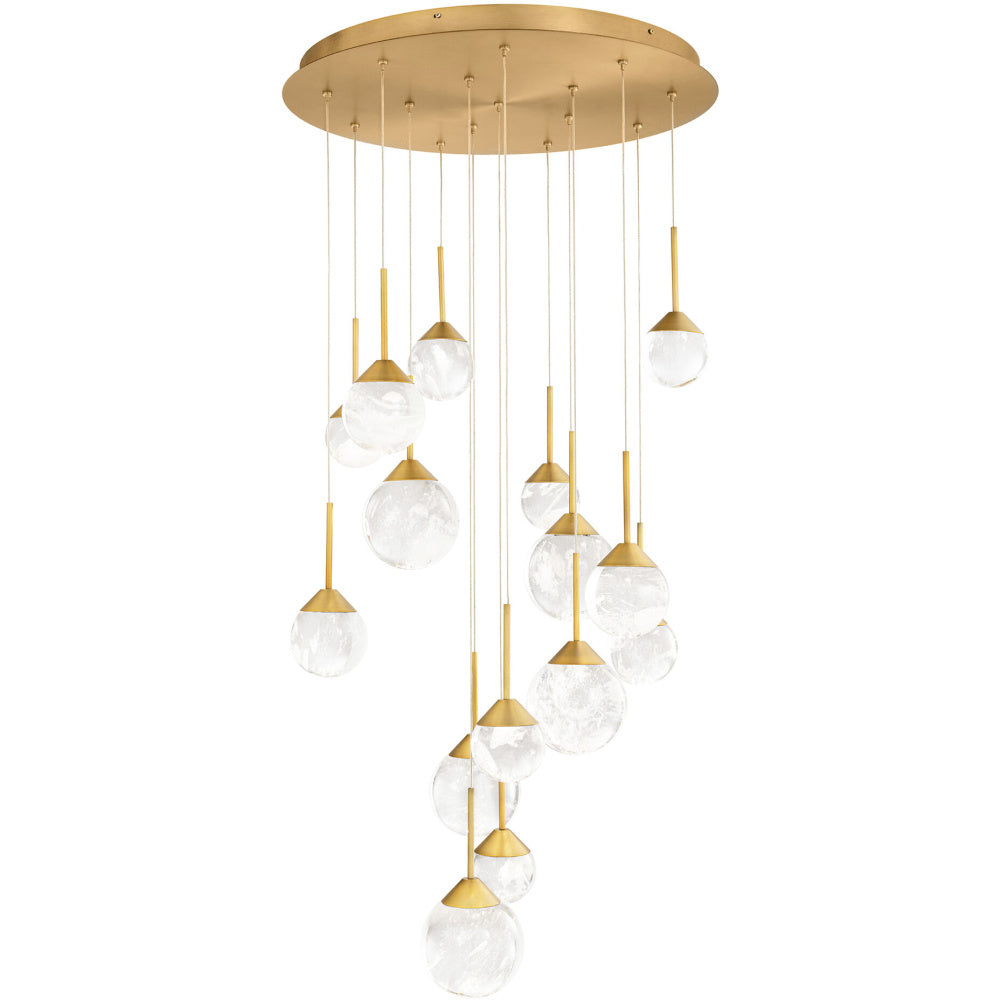 Quest 15 Light 120-277V Multi-Light Pendant (Round Canopy) in Aged Brass with Optic Haze Quartz