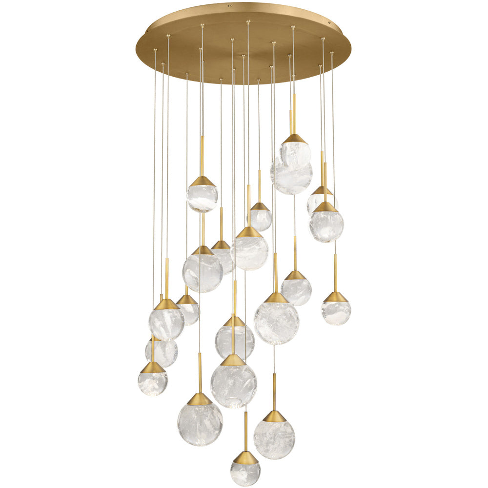 Quest 21 Light 120-277V Multi-Light Pendant (Round Canopy) in Aged Brass with Optic Haze Quartz