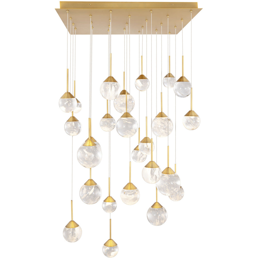 Quest 25 Light 120-277V Multi-Light Pendant (Square Canopy) in Aged Brass with Optic Haze Quartz