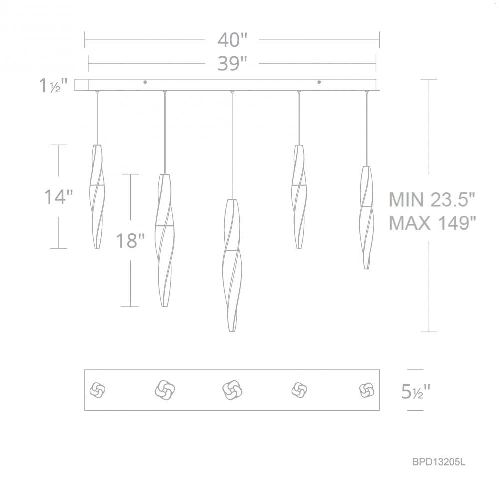 Kindjal 5 Light 120-277V Multi-Light Pendant (Linear Canopy) in Aged Brass with Clear Optic Crystal