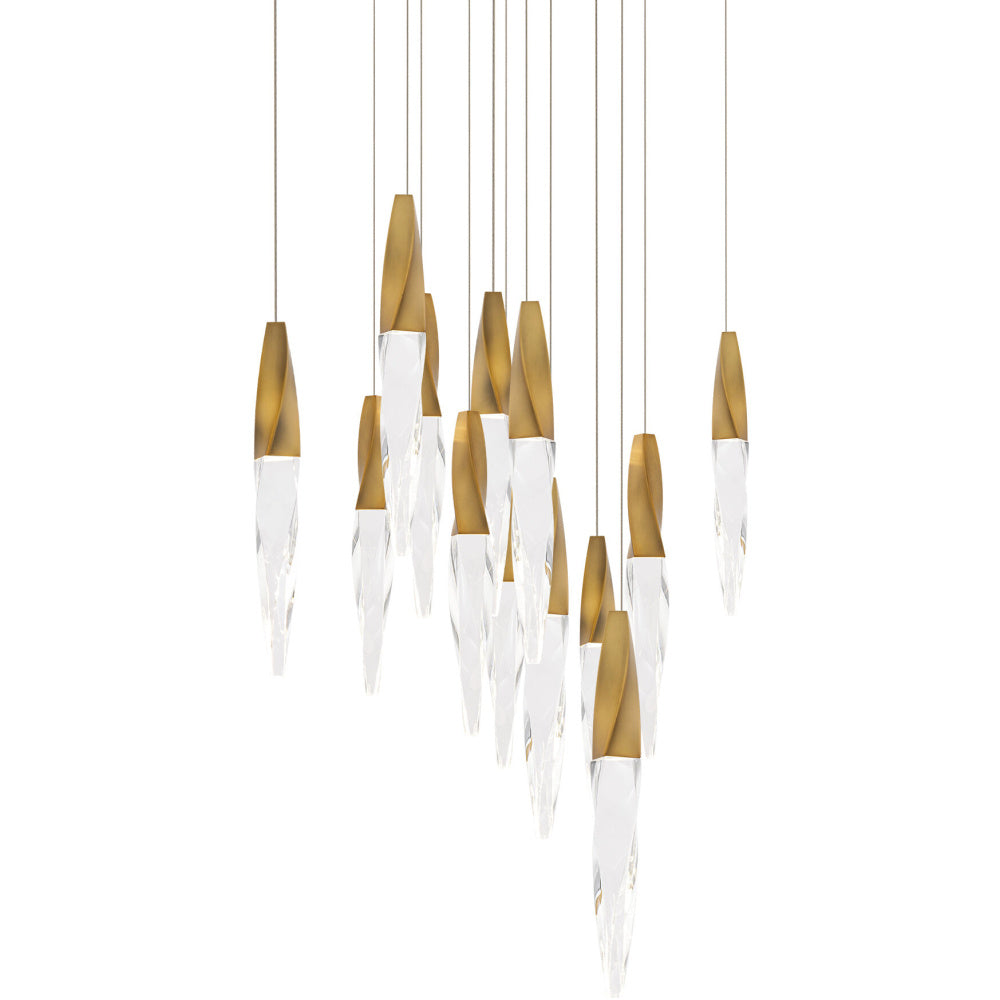 Kindjal 13 Light 120-277V Multi-Light Pendant (Square Canopy) in Aged Brass with Clear Optic Crystal