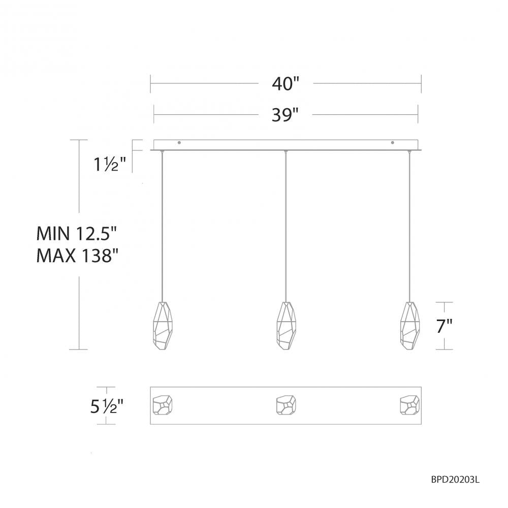 Martini 3 Light 120-277V Multi-Light Pendant (Linear Canopy) in Aged Brass with Clear Optic Crystal