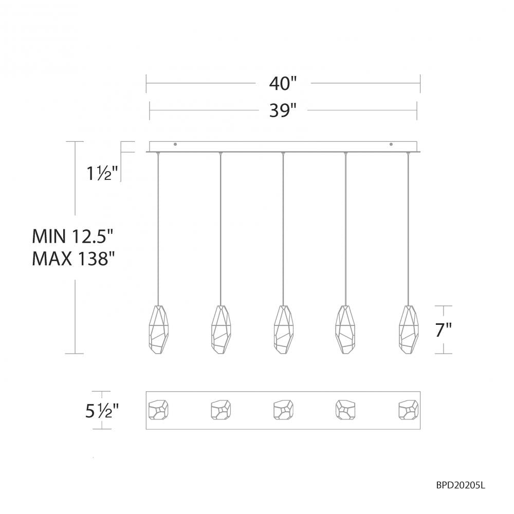 Martini 5 Light 120-277V Multi-Light Pendant (Linear Canopy) in Black with Clear Optic Crystal