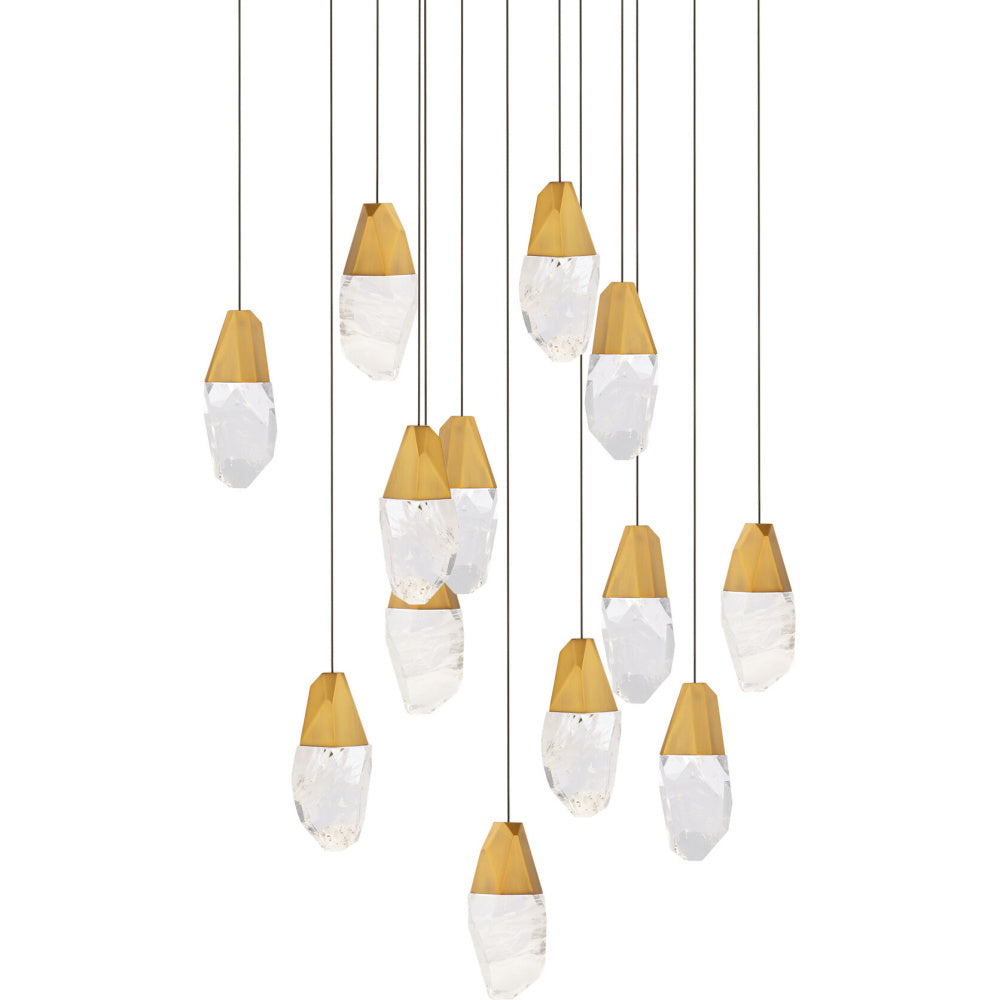 Martini 13 Light 120-277V Multi-Light Pendant (Square Canopy) in Aged Brass with Optic Haze Quartz