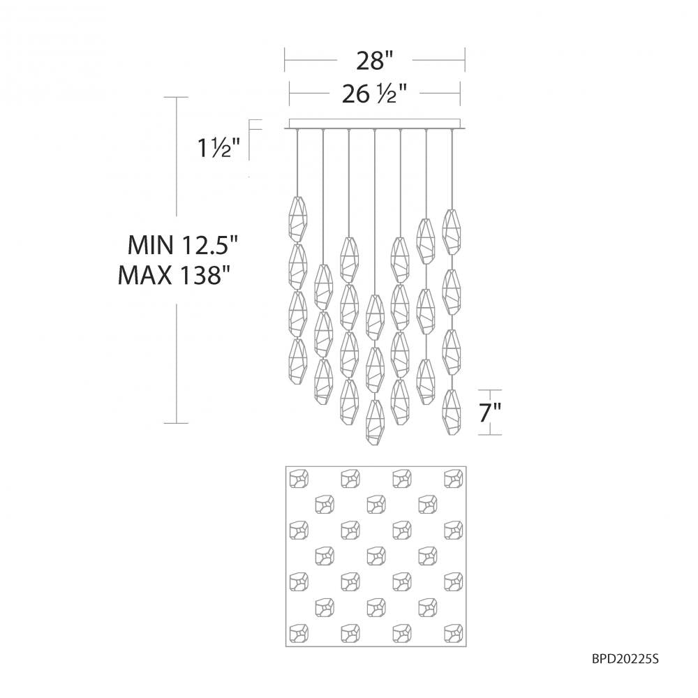 Martini 25 Light 120-277V Multi-Light Pendant (Square Canopy) in Black with Optic Haze Quartz