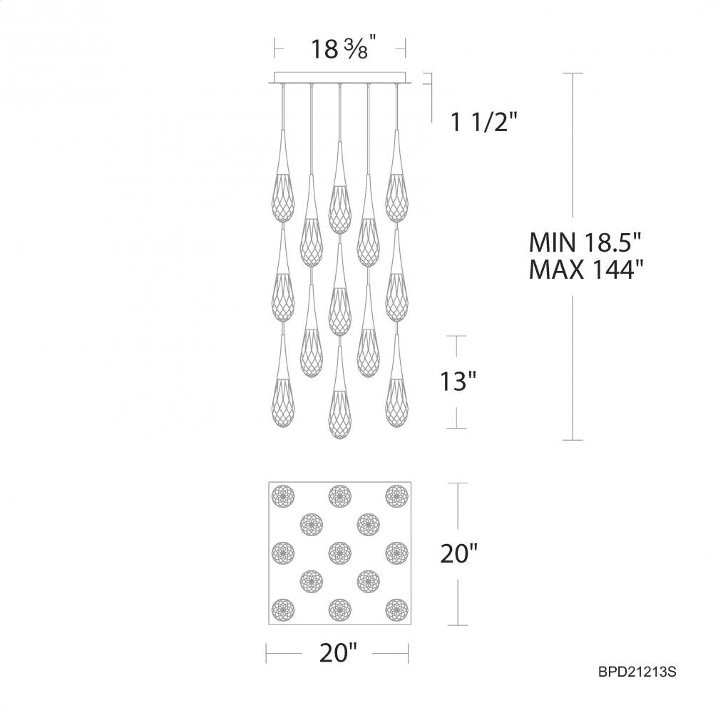 Hibiscus 13 Light 120-277V Multi-Light Pendant (Square Canopy) in Aged Brass