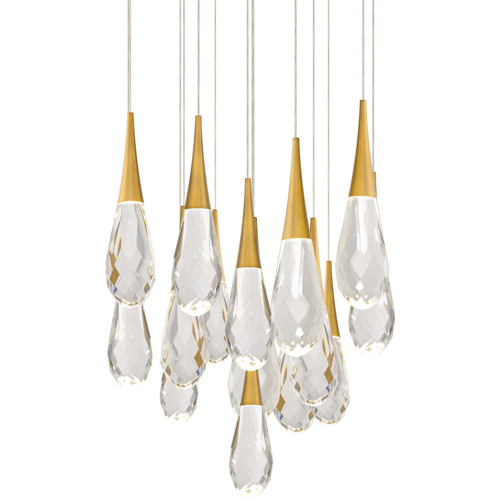 Hibiscus 15 Light 120-277V Multi-Light Pendant (Round Canopy) in Aged Brass with Clear Optic Crystal