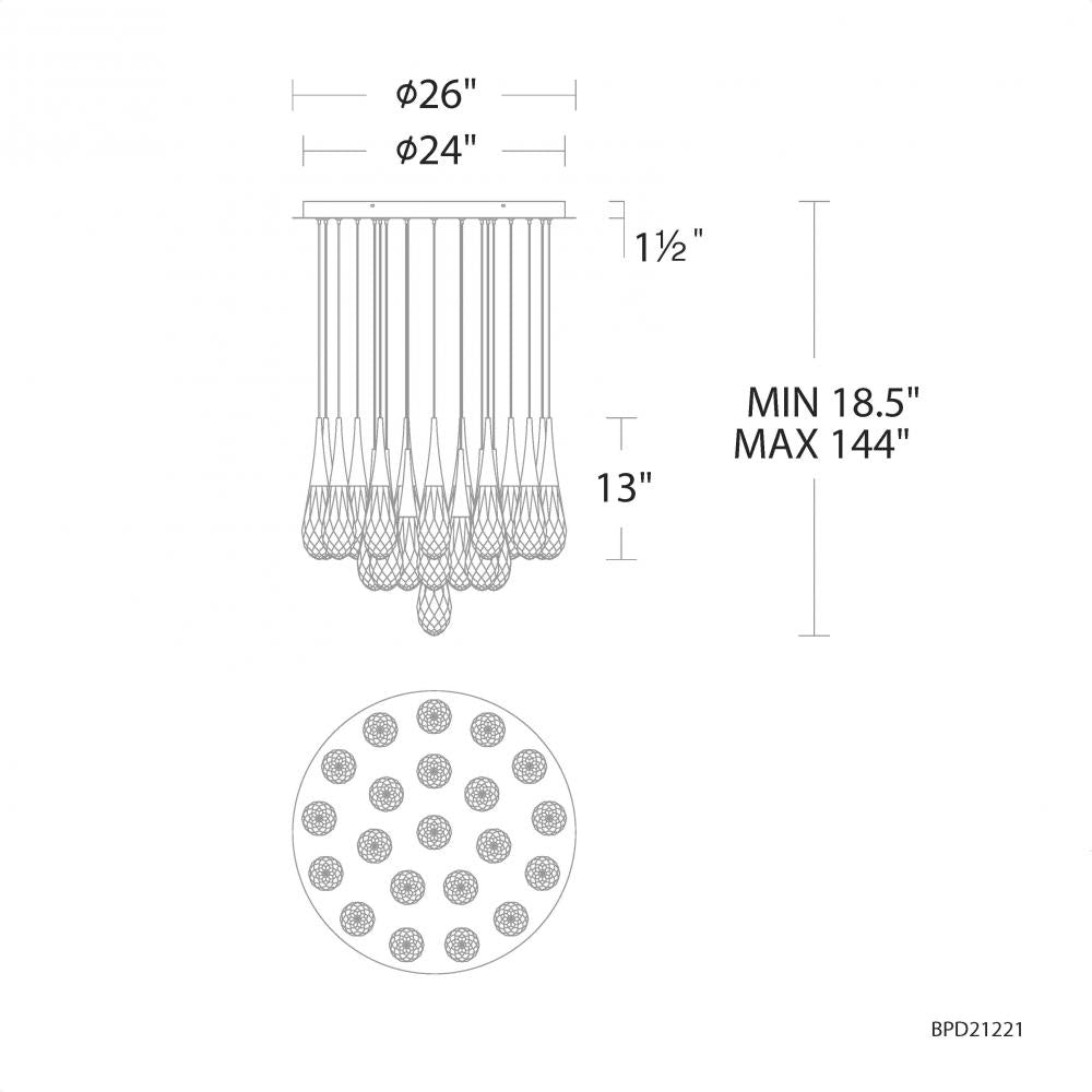 Hibiscus 21 Light 120-277V Multi-Light Pendant (Round Canopy) in Aged Brass with Clear Optic Crystal