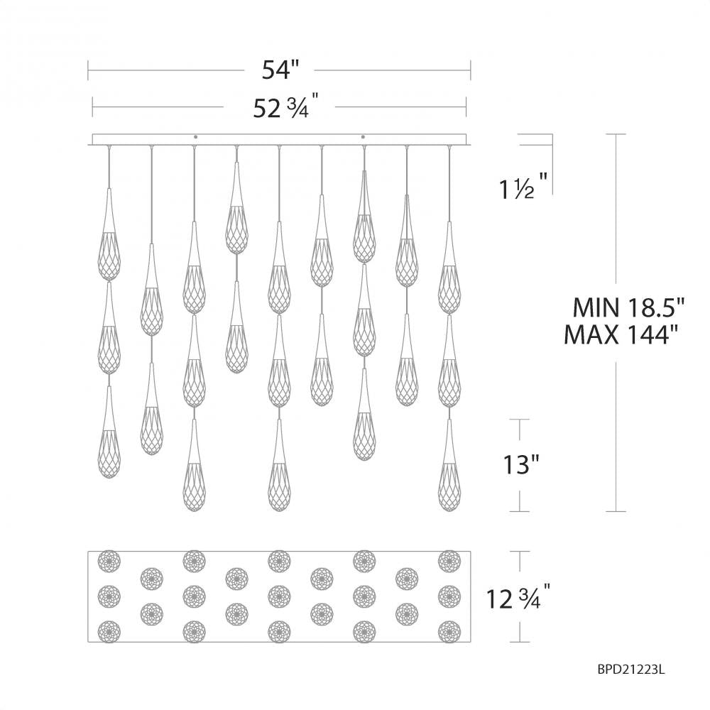 Hibiscus 23 Light 120-277V Multi-Light Pendant (Linear Canopy) in Black with Clear Optic Crystal