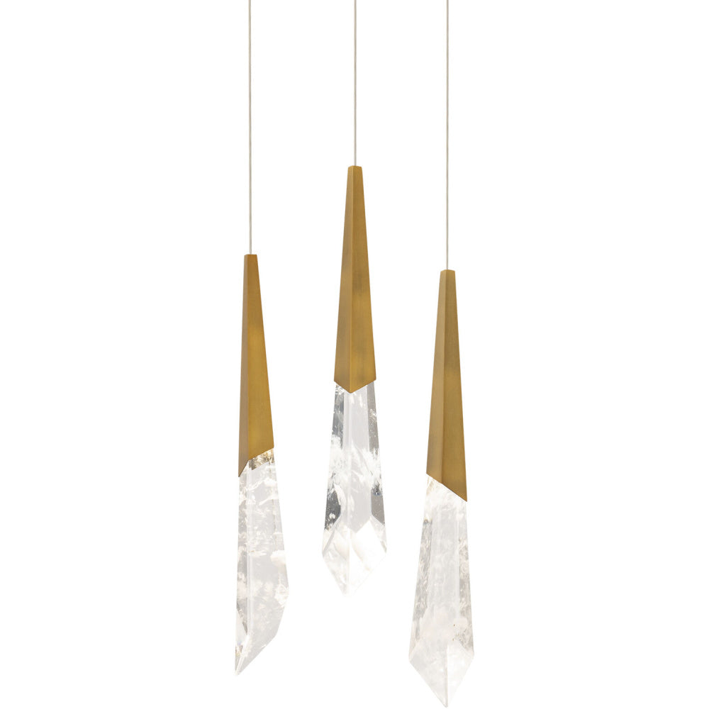 Solitude 3 Light 120-277V Multi-Light Pendant (Round Canopy) in Aged Brass with Optic Haze Quartz