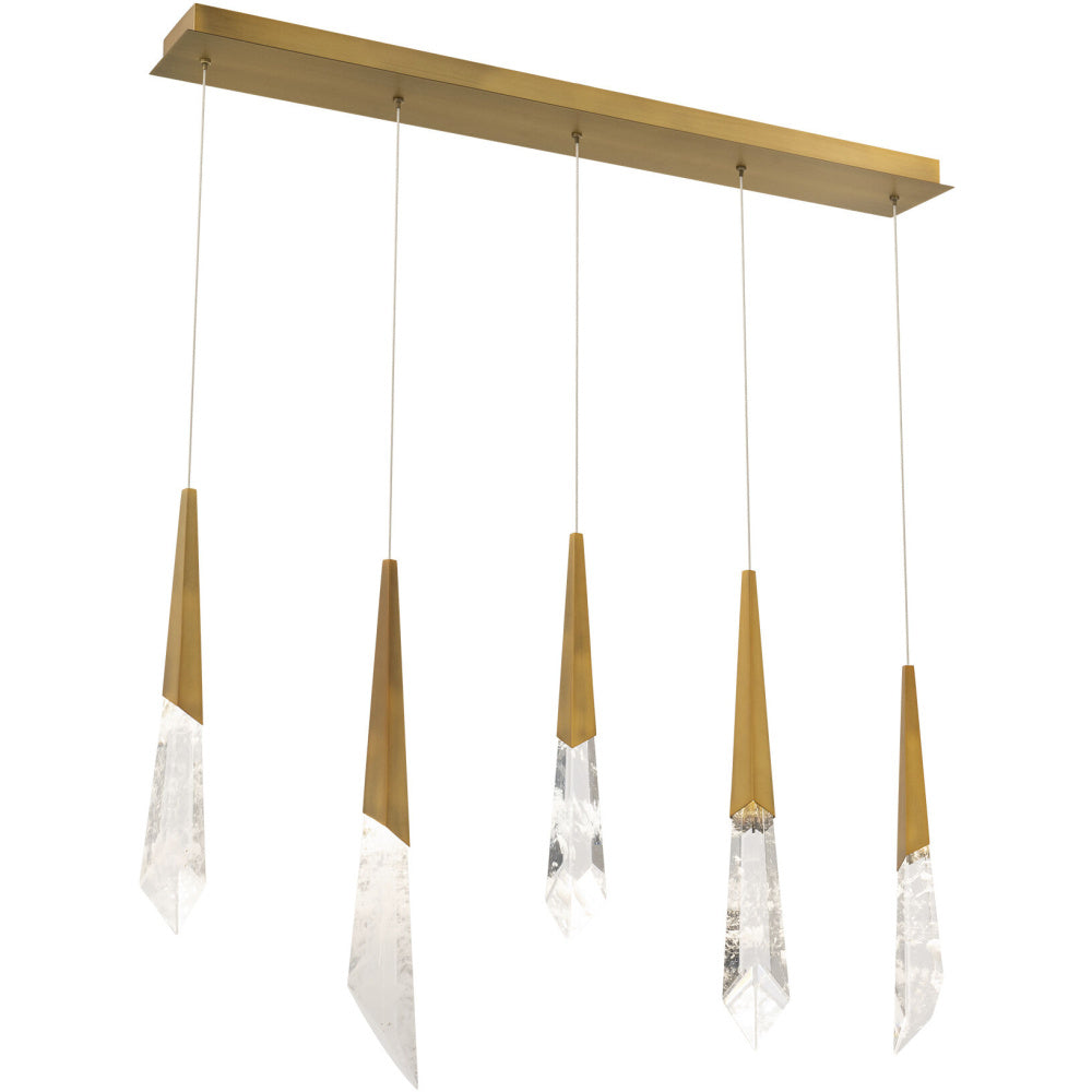 Solitude 5 Light 120-277V Multi-Light Pendant (Linear Canopy) in Aged Brass with Optic Haze Quartz