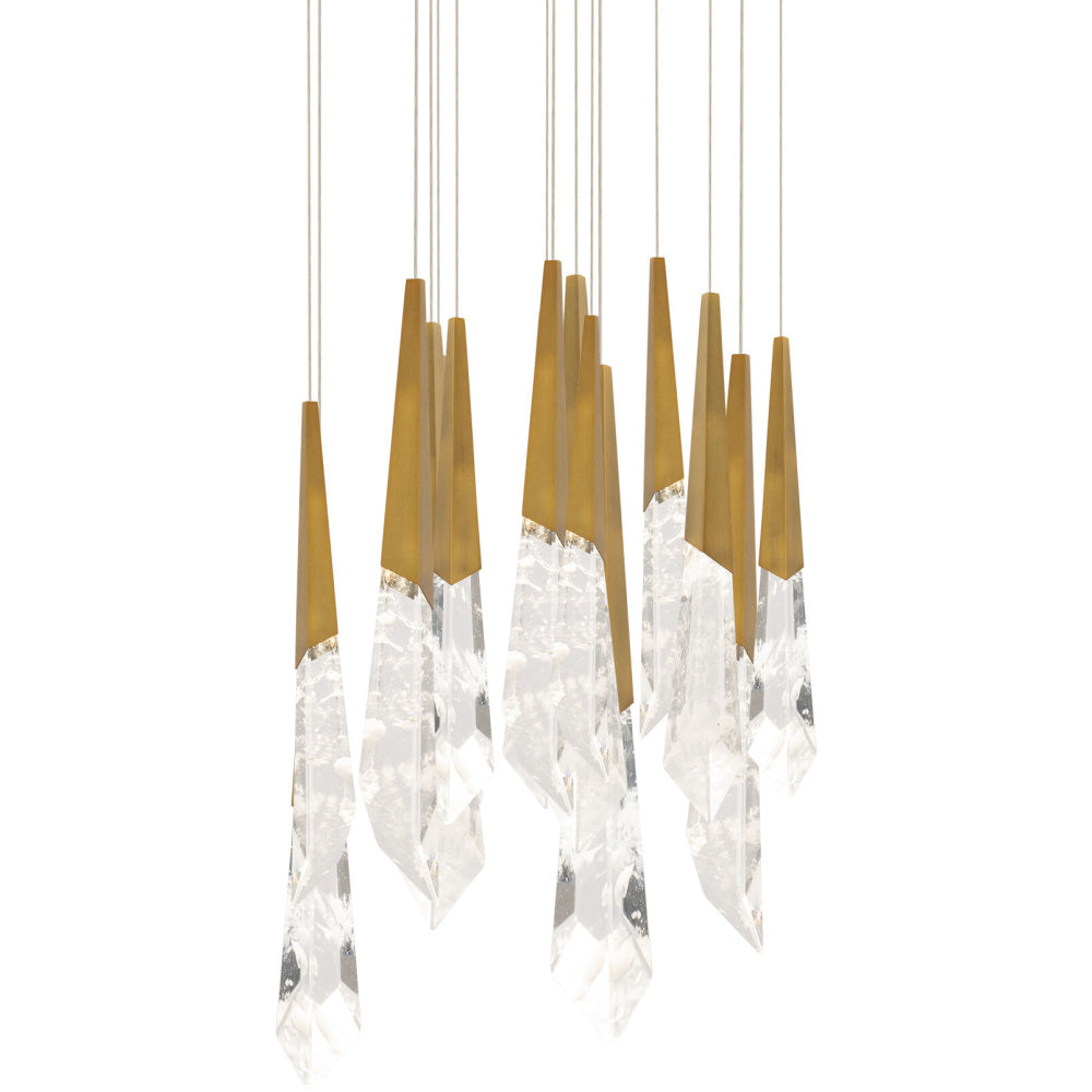Solitude 15 Light 120-277V Multi-Light Pendant (Round Canopy) in Aged Brass with Optic Haze Quartz