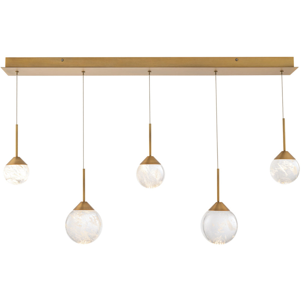 Quest 5 Light 120-277V Multi-Light Pendant (Linear Canopy) in Aged Brass with Optic Haze Quartz