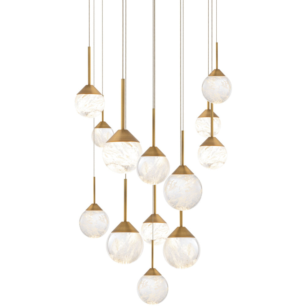 Quest 13 Light 120-277V Multi-Light Pendant (Square Canopy) in Aged Brass with Optic Haze Quartz