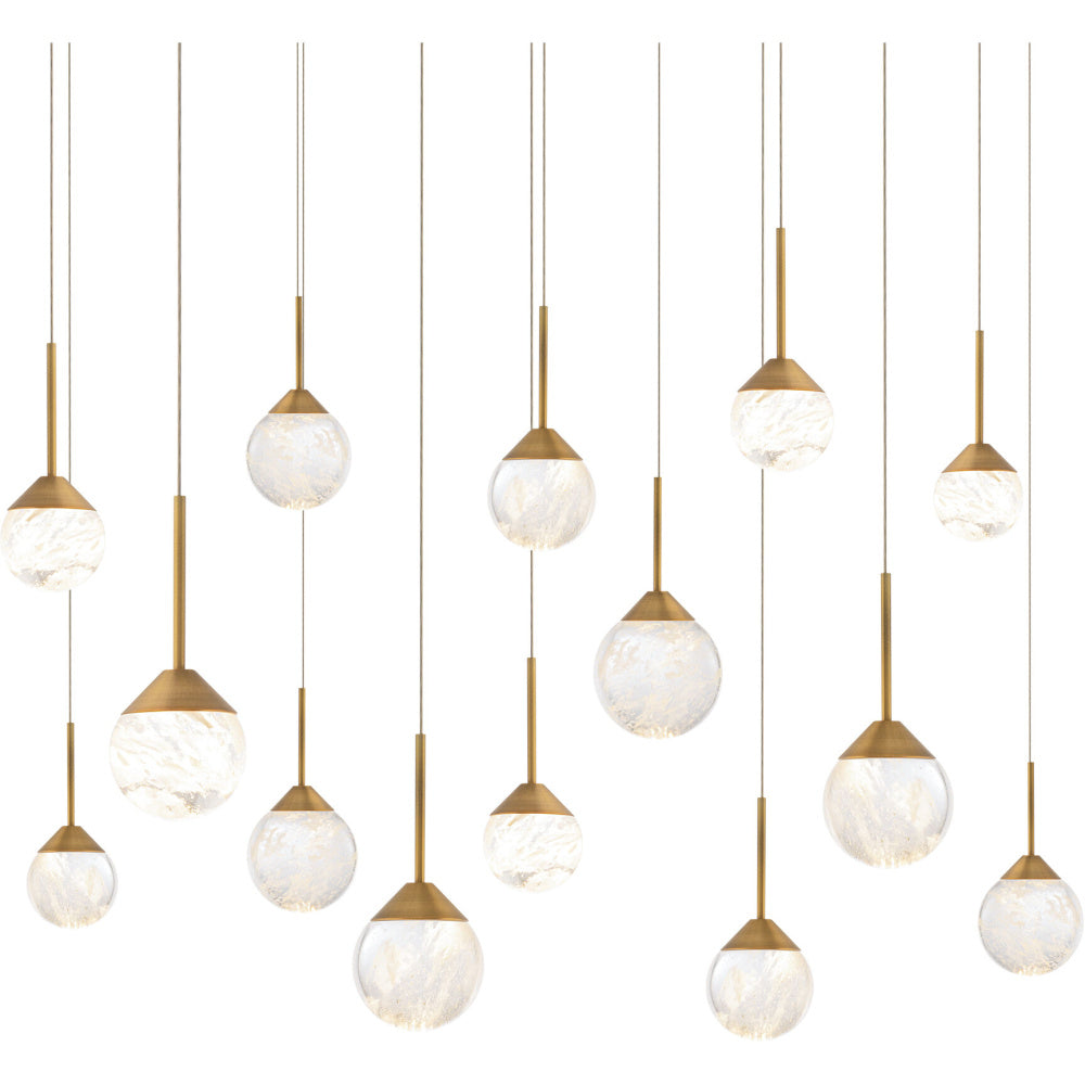 Quest 14 Light 120-277V Multi-Light Pendant (Linear Canopy) in Aged Brass with Optic Haze Quartz